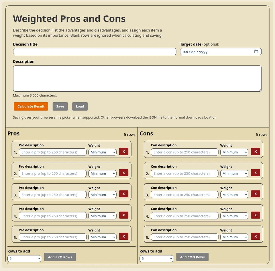 Pros And Cons Interface - Default State